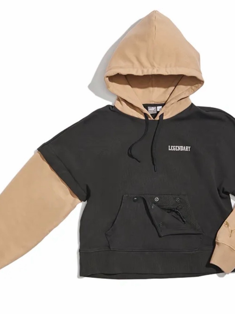 Puma Legendary Two-Tone Black and Tan Hooded Sweatshirt Zip Off Sleeve Small